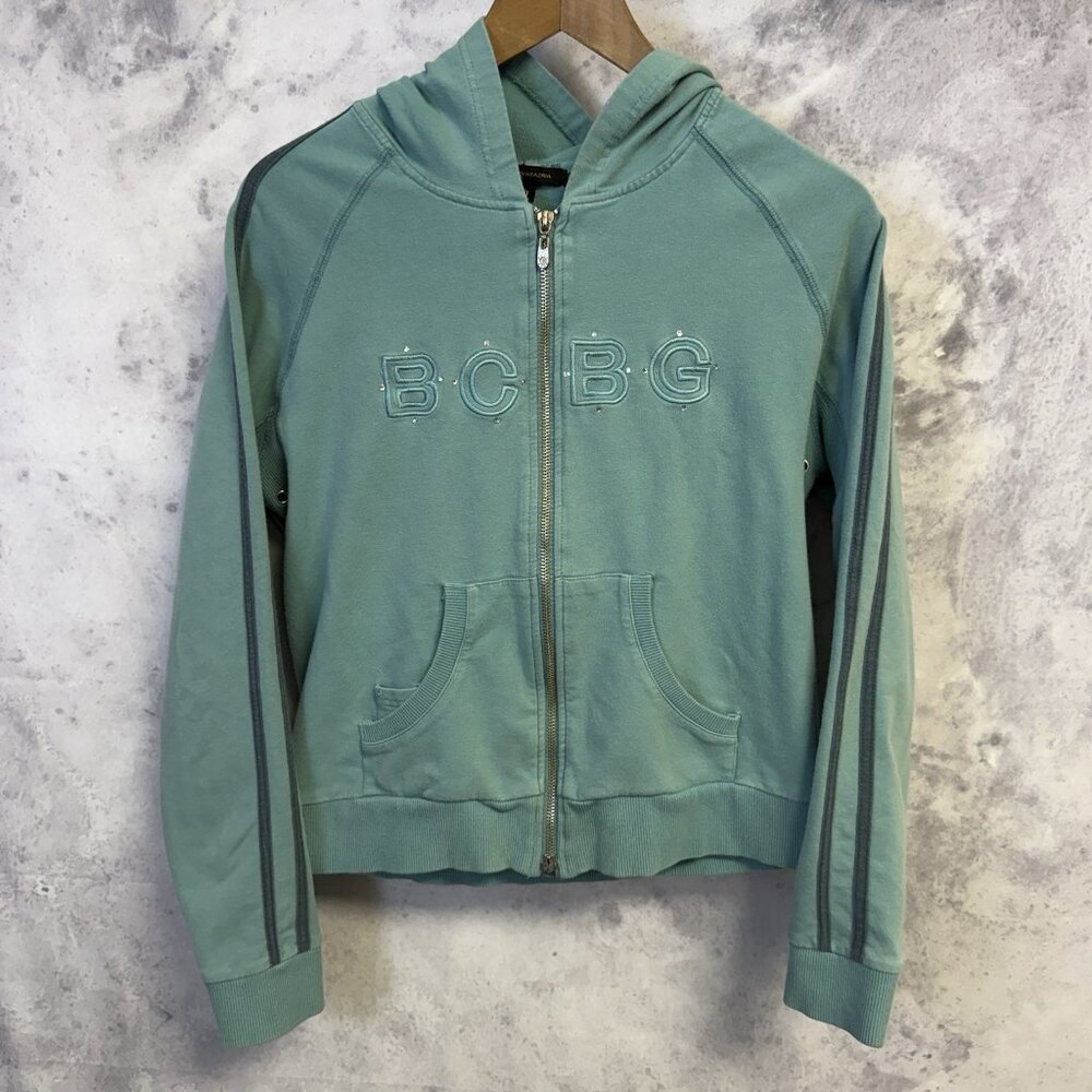 BCBG Maxazria Hoodie Sweatshirt Juniors XL Teal Full Zip Embroidered
